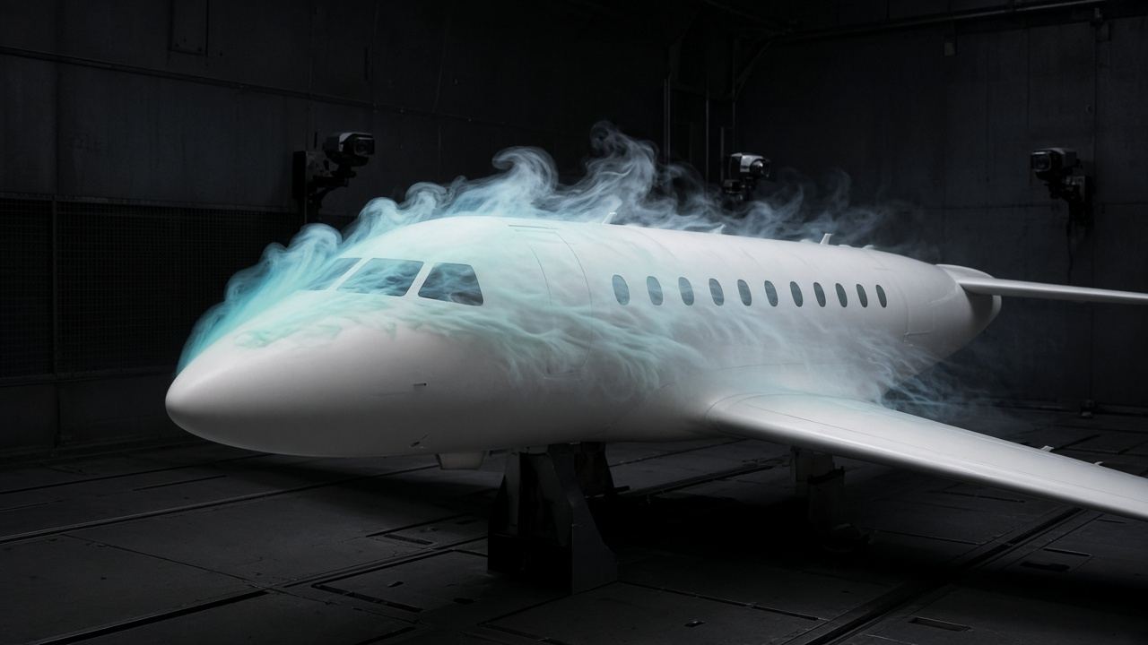 A small passenger jet in a dark wind tunnel, pale smoke streaming over the nose and windows.