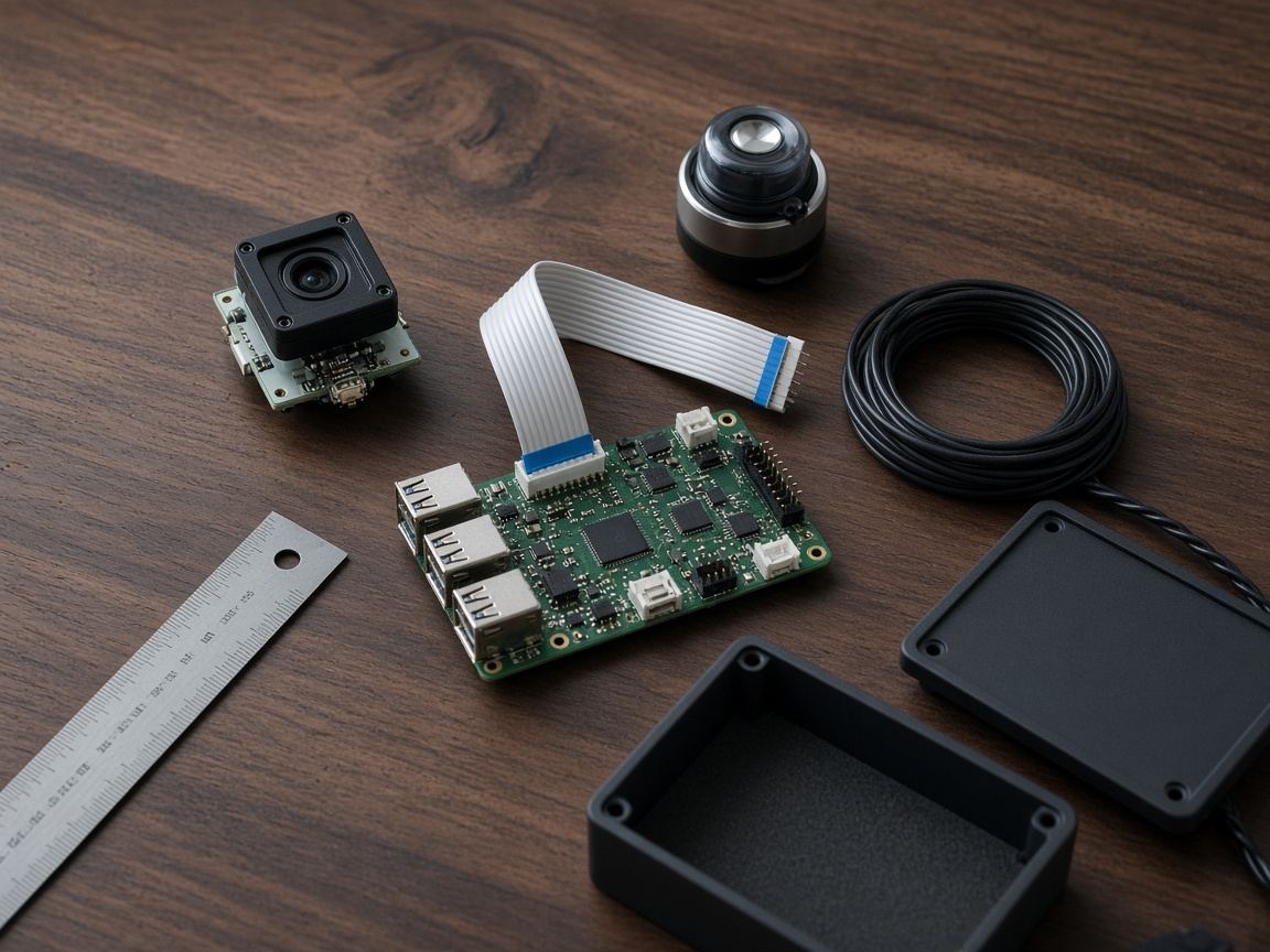 Overhead view of a thermal camera module, lidar, ribbon cable, and a single-board computer on a wooden bench.
