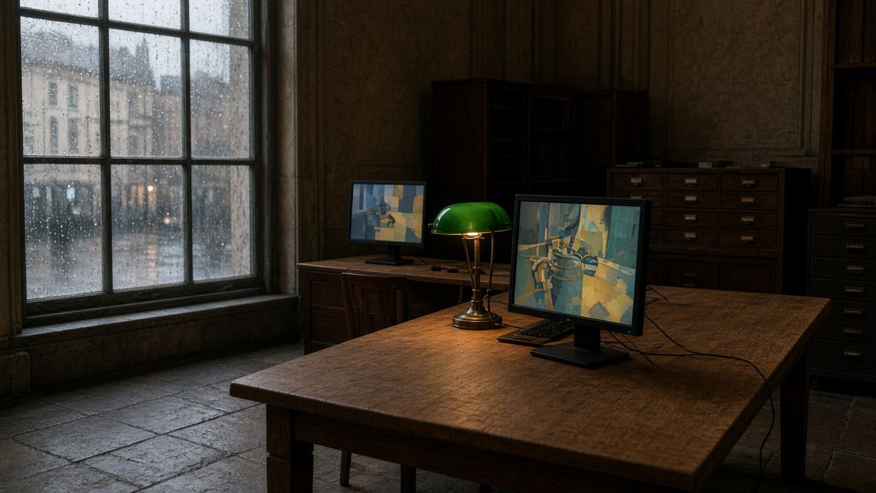 An evening records room. Monitors show abstract segmentation of equipment, rain on the window.