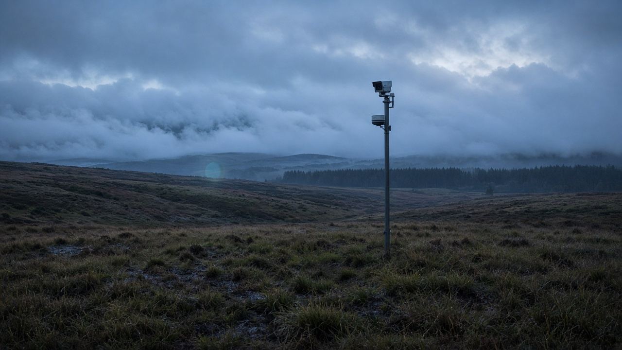 A camera and lidar mast on open moorland under low cloud.
