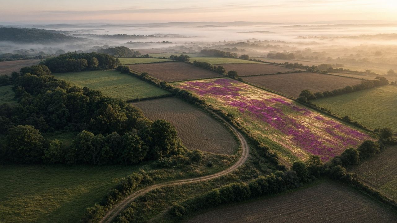 Dawn aerial of hedged farmland, one field rendered in magenta false colour.